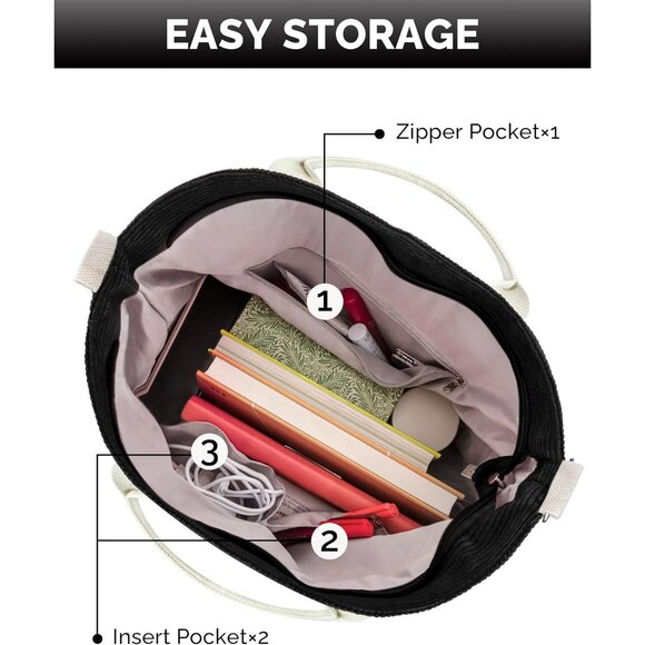 Prite Women Black Corduroy Large Hobo Shoulder Crossbody Tote Bag With Pockets - Picture 4 of 6